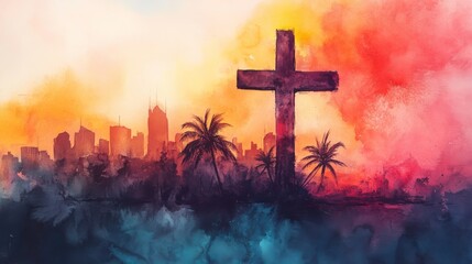 Dark wooden cross silhouette against a vibrant sunset cityscape with palm trees in the foreground and a blue and red watercolor background. .