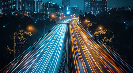 Poster - An urban road with cars passing at night, long exposure, streaking lights.