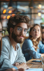 Poster - Young Professionals Engaged in Business Meeting Discussing Projects in Modern Office Setting, Warm Lighting, Focus on Male with Glasses, Daytime, Collaborative Teamwork Concept