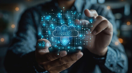 Fototapete - A businessman using cloud technology for data transfer and storage. touching a virtual screen with an upward-pointing arrow, holding a smartphone with an icon for a digital online service connection.