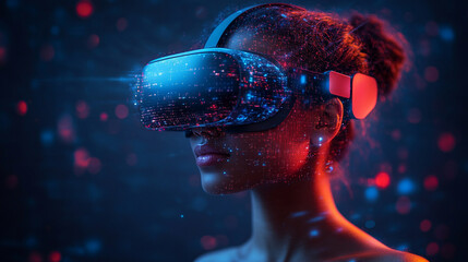 businesswoman wearing virtual reality goggles stands immersed in a digital world. the image symboliz