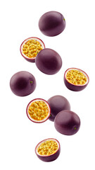 Wall Mural - falling passionfruit isolated on white background, full depth of field