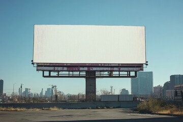 An empty billboard rises amidst skyscrapers, surrounded by the urban environment, reflecting the uncharted possibilities in the bustling city life and market dynamics.