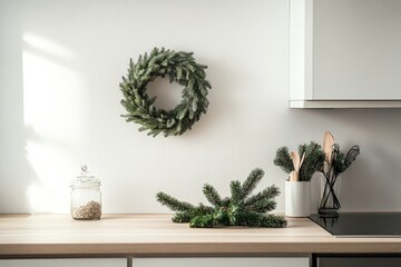 Aufkleber - A modern kitchen features a minimalist design with an elegant green wreath on the wall, complemented by natural wood accessories and soft natural lighting.