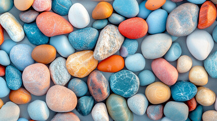 Poster - close-up of smooth rocks resting on sandy beach. The soft blur in the background symbolizes tranquility and timelessness, highlighting the enduring beauty of nature's simple elements