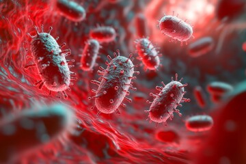 Poster - This artistic visualization captures rod-shaped bacteria amidst a vividly red environment, highlighting their form and movement within a textured biological setting.