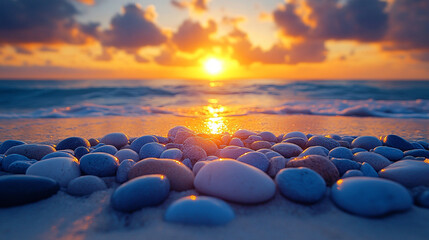 Poster - close-up of smooth rocks resting on sandy beach. The soft blur in the background symbolizes tranquility and timelessness, highlighting the enduring beauty of nature's simple elements