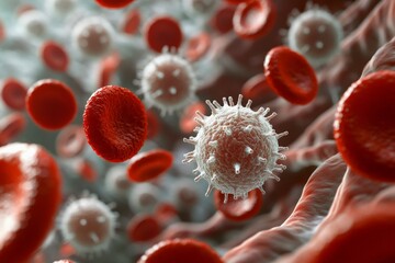 Poster - This image depicts a close-up of red blood cells and a spiky white virus particle floating within the human bloodstream, emphasizing viral interactions and medical themes.