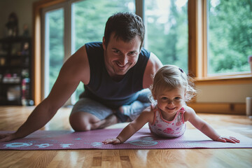 Father and Toddler Enjoying Fun Indoor Yoga Time Together, Smiling father and toddler daughter doing yoga on a mat at home, bonding during an active indoor playtime. Bright natural light 