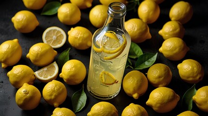 a bottle of lemonade surrounded by lemons.