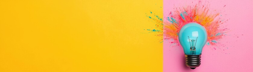 A colorful light bulb bursts with vibrant paint splashes against a bright yellow and pink background, symbolizing creativity and inspiration.