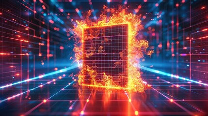Poster - A glowing firewall icon represented by a burning digital wall on a background of a neon-blue network grid. The bright colors contrast with the dark environment.