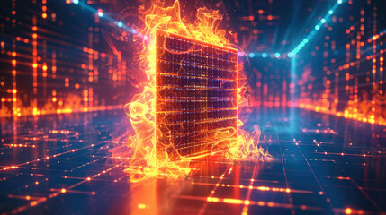 Poster - A glowing firewall icon represented by a burning digital wall on a background of a neon-blue network grid. The bright colors contrast with the dark environment.