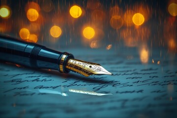 Golden pen tip resting on handwritten letter with blurry yellow lights in background .