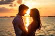 © ChaoticMind - A romantic couple stands by the ocean, embracing lovingly as the sun sets. The silhouette creates a sense of connection and warmth in a serene setting.