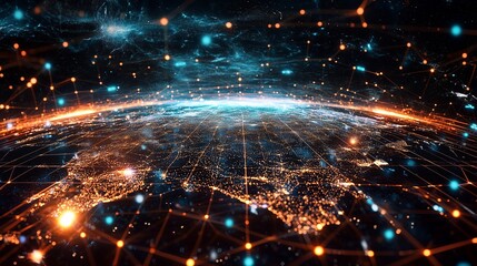 Poster - Aerial view of Earth with illuminated network connections showcasing global digital data flow at night