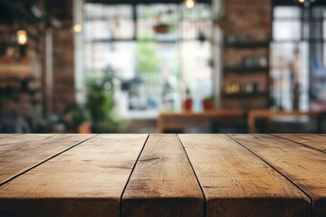 A chic, modern cafe setting featuring an empty wooden tabletop, surrounded by blurred indoor scenery, embodying the atmosphere of relaxation and casual elegance.