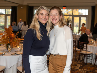 Two smiling young women pose together during a festive indoor social event. Elegant table settings and warm autumn decor create a welcoming atmosphere in the background.