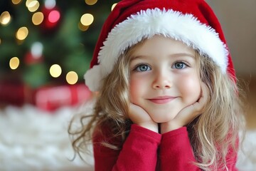 A cheerful child in a red Santa hat smiles against a background of twinkling Christmas tree lights, embodying the joy and warmth of the holiday season.