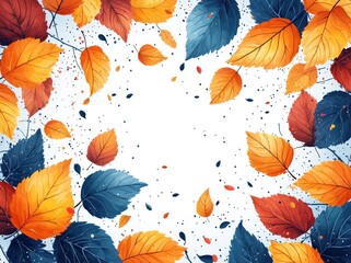Wall Mural - Autumn leaves in orange, yellow, and blue scattered in a circular pattern with speckles on a white background Generative AI