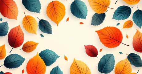 Wall Mural - Autumn leaves in shades of red, orange, yellow, and teal scattered on a light cream background Generative AI