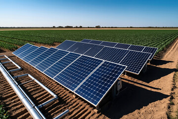 Canvas Print - Solar panels installed in an agricultural field with irrigation pipes, showcasing renewable energy integration in farming for sustainable agriculture.