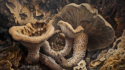 Wall Mural - Close-Up of Mushrooms on Forest Floor - Nature Photography