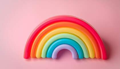 Bright plastic rainbow with vivid arcs on gentle pastel pink background. Close-up.