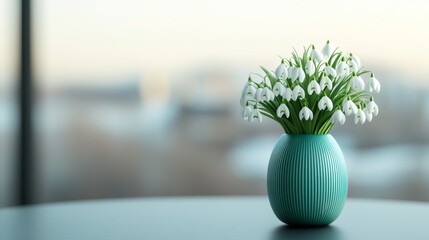 Canvas Print - Beautiful snowdrop blossoms placed in a decorative vase, set on a coffee table with soft winter light filtering through a frosty window 