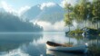 © visoot - A tranquil lakeside setting with a small boat floating on calm water, surrounded by trees and mountains.