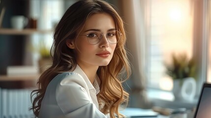 Aufkleber - A female CEO with brown hair and brown eyes. she is sitting at her desk working.