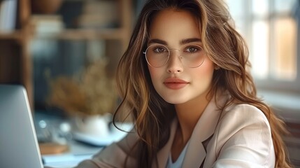 Aufkleber - A female CEO with brown hair and brown eyes. she is sitting at her desk working.