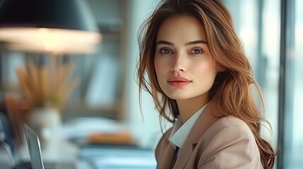 Aufkleber - A female CEO with brown hair and brown eyes. she is sitting at her desk working.
