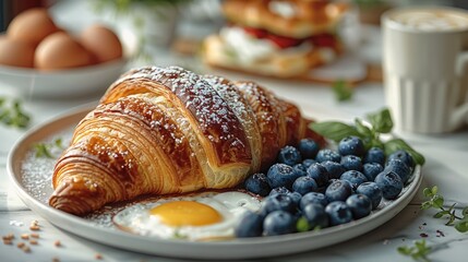 Poster - Croissant and sandwiches are around with blueberries, fried eggs, and iced latte on the white marble table.