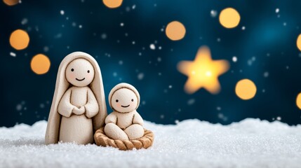 Wall Mural - Christmas nativity scene in a snow-covered stable, Holy Family surrounded by a glowing star and softly falling snowflakes 