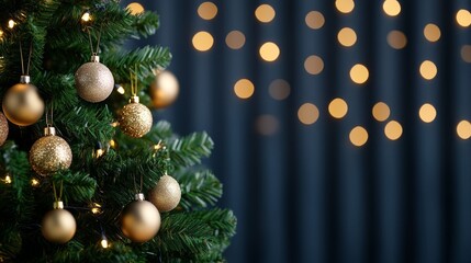 Poster - Christmas tree adorned with twinkling lights and shimmering baubles, softly blurred background adding festive cheer 