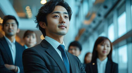Poster - Japanese business man wearing suit standing in front, In an office building with a modern design, while others stand behind him.