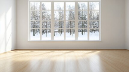 Poster - Clean-lined window in a modern cottage, framing a peaceful winter forest bathed in sunlight, snow-laden branches casting delicate shadows on the ground 