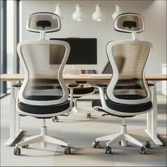 Poster - A set of two modern office chairs with black fabric and white frames, each chair has an ergonomic headrest on the backrest.