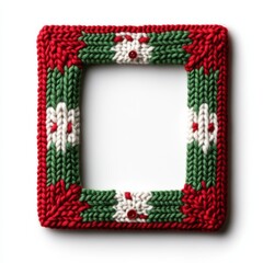 Sticker - Cozy knitted Christmas picture frame with red and green patterns and a snowflake button detail isolated on white background 