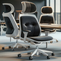 A set of two modern office chairs with black fabric and white frames, each chair has an ergonomic headrest on the backrest.