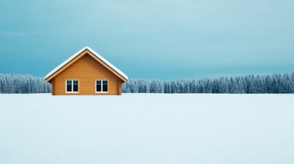 Poster - Cozy snow-covered cabin in the woods with a wide white snowy field in the foreground for text 