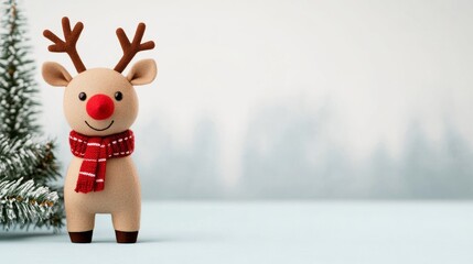 Poster - Cute reindeer with a red nose and festive scarf on a snowy light-blue to white gradient background 