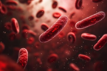 Poster - Vibrant red bacteria are caught in motion, highlighting their intricate details and dynamic movements against a blurred backdrop, ideal for scientific visuals and art.