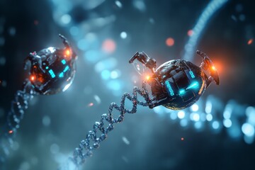 Poster - this image showcases two metallic, futuristic drones intertwined with glowing dna strands, set again