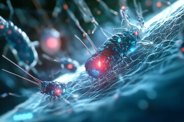 Poster - A microscopic image depicting bacteria with luminous particles on a cellular structure, highlighting microbial biology and the intricacies of microscopic ecosystems.