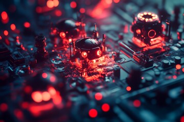 Leinwandbilder - A futuristic circuit board design featuring glowing red lights and components, symbolizing technology, innovation, and the complexity of electronic systems.