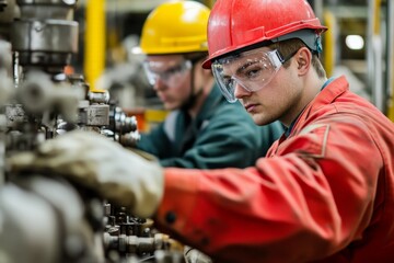 Aufkleber - An engineer wearing a red suit and hard hat works intently on industrial machinery, displaying focus and precision in a dynamic work environment.