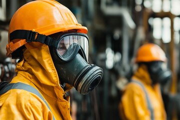 Fototapete - A worker in orange protective clothing and a gas mask operates in an industrial setting, ensuring safety and precision in a highly technical environment.