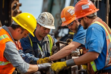 Aufkleber - A team of workers in colorful helmets collaborates on heavy machinery in a construction site, highlighting teamwork and dedication in a challenging environment.